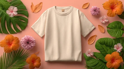 Fototapete Badezimmer Beige t-shirt surrounded by tropical flowers and leaves on a pink background  © Otak
