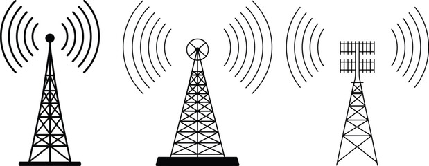 Black and white vector illustration of three different radio transmission towers with signal waves, wireless communication technology, broadcasting antenna icons