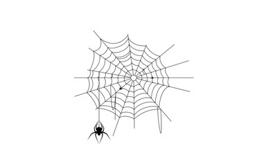 A single black spider hanging from its intricately woven web, isolated on a white background. Minimalist vector illustration for Halloween or nature themes