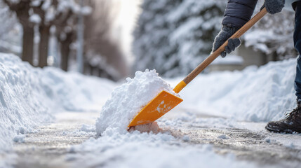 Naklejka premium Person shoveling snow from icy sidewalk with orange plastic shovel.