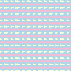 A cheerful seamless pattern with a grid of alternating pink and blue squares, each containing horizontal yellow arrow shapes, for a playful geometric design