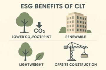 Vector infographic illustrating ESG benefits of CLT including low carbon footprint, renewability, light weight and offsite construction.