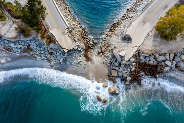 Aerial view of collapsed coastal road with crashing waves and eroded shoreline