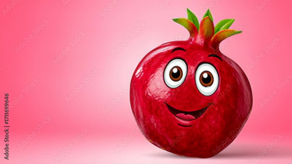 Poster Animated pomegranate character with a cheerful expression, showcasing a playful personality against a soft pink background, capturing the essence of fun and joy in a vibrant visual sequence