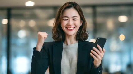 Smiling entrepreneur, Asian businesswoman, celebrating achievement, office setting, reading message, smartphone communication, digital business, modern success, personal victory, motivation, business - Powered by Adobe