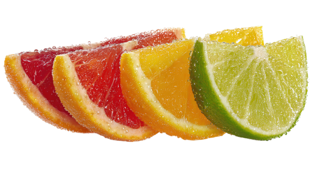 Assorted citrus wedges—lemon, lime, grapefruit and blood orange—displayed in curved layout with juicy bead highlights, isolated on transparent background.
