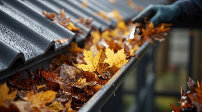 Autumn leaf gutter cleaning for roof safety and financial home progress in rain water maintenance