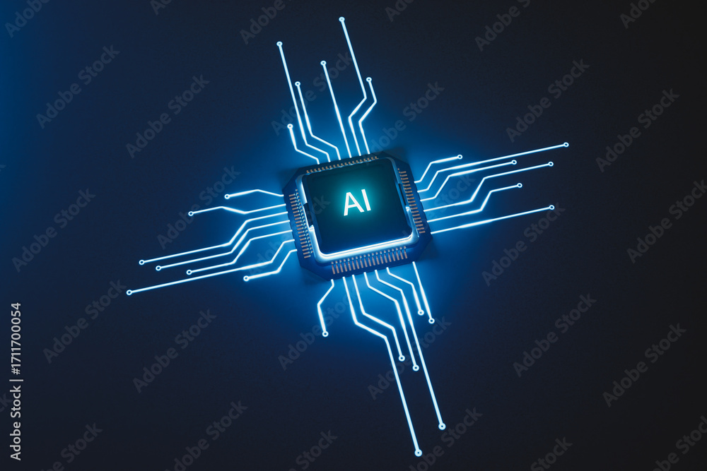 Poster ai processor with glowing connections, 3d rendering