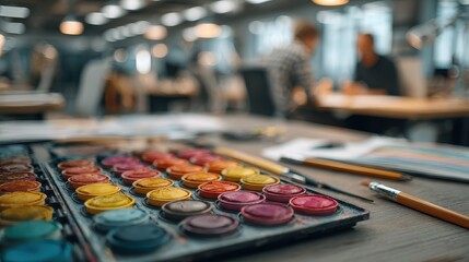 Young creative woman drawing on large paper with pens while surrounded by male colleagues in a bright, modern studio space