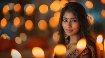 Fototapeta premium Beautiful woman in traditional attire celebrates a festival with lights in the background