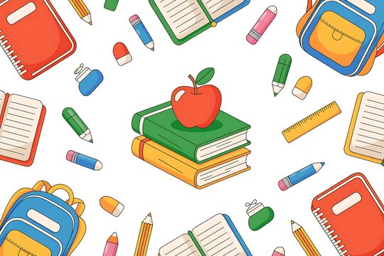 Cartoon school supplies and apple scattered on a white background Keywords: school, supplies, education, learning, back to school, apple, red apple, books, notebooks, backpacks, pencils, pens
