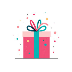 Pink gift box with teal ribbon and confetti celebration