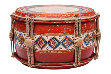 Cultural dhol percussion instrument with lacquer finish, goat-skin tops, rope lacing and hand-painted strap motifs, isolated on transparent background.
