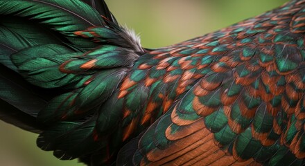 Iridescent rooster feathers closeup, showcasing vibrant bronze and green plumage