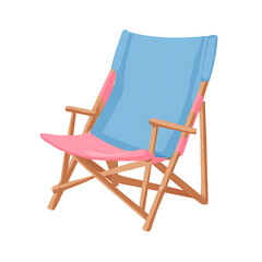 Blue and pink folding beach chair with wooden frame