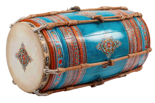 Traditional dhol drum featuring painted wood body, rope-tied goat-skin heads and decorative strap designs, isolated on transparent background.
