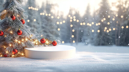 A round white podium next to fir branches and red Christmas tree baubles balls on a snowy meadow against the backdrop of a snowy forest