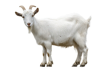 Obraz premium Dairy goat in white coat with fine texture, small horns and subtle mud speckles on hooves, attentive posture, isolated on transparent background. 