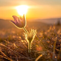 A delicate purple flower bathed in golden sunset light