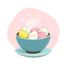 Colorful steamed dumpling bowl with heart decoration joyful