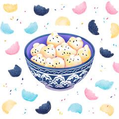 Bowl of sweet sesame buns, festive pastel sprinkling