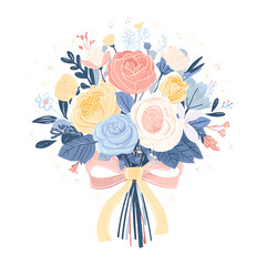 Pastel rose bouquet with ribbon, joyful floral charm