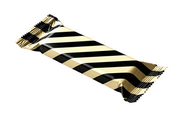 Minimal candy bar sleeve with diagonal cream-black stripes, crinkled midsection and zig-zag trim, isolated on transparent background.
