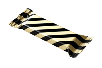 Minimal candy bar sleeve with diagonal cream-black stripes, crinkled midsection and zig-zag trim, isolated on transparent background.