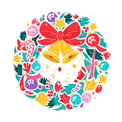 Festive wreath with bells and bow joyful