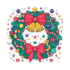 Christmas wreath with bells and festive bow, joyful