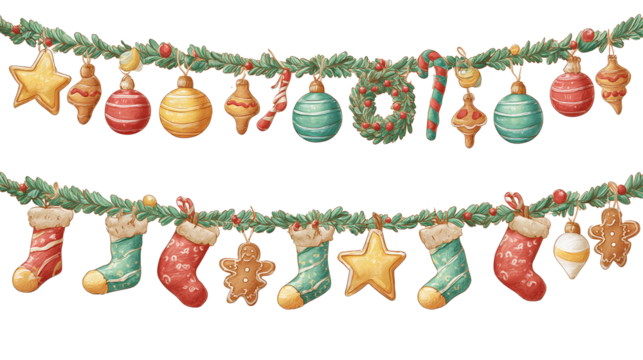 Holiday garland design with seasonal symbols including bulbs, cane, wreath, gingerbread, stocking and star, flat shading aesthetic, isolated on transparent background.
