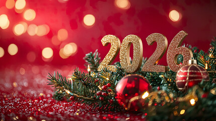 The golden number 2026 lies among fir branches, pine cones, and Christmas balls on a red background with golden bokeh — a festive New Year's banner with copyspace