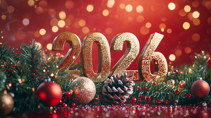 A beautiful golden number 2026 among fir branches, pine cones and Christmas tree balls on a red background with golden bokeh - a creative New Year's banner