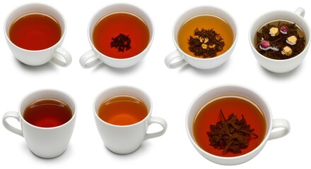 Assortment of colorful brewed teas in white ceramic cups on white background