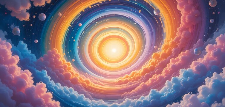Vibrant cosmic spiral with radiant glowing center and colorful swirling clouds creating a - Powered by Adobe