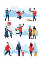 Happy people celebrating winter holidays with gifts and balloons.