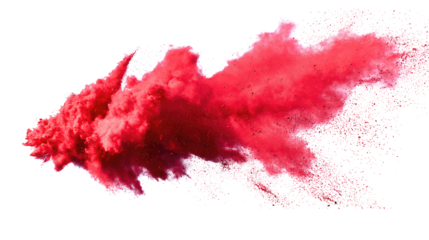Vivid red pigment explosion with scattered dust motes and uneven energetic plume, angled diagonally, isolated on transparent background.
