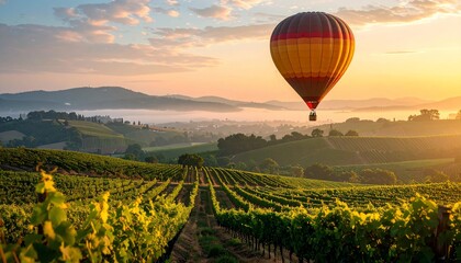 Naklejka premium Hot Air Balloon Over Vineyard at Sunrise