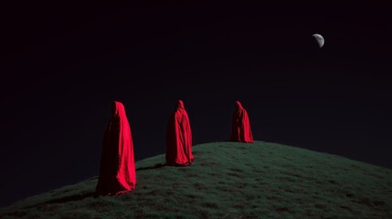 Three cloaked figures in vibrant red robes stand solemnly on a grassy hill, illuminated by the faint moonlight.