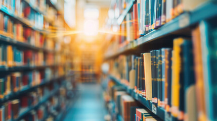 Sunlight streaming through a library, illuminating rows of books on shelves