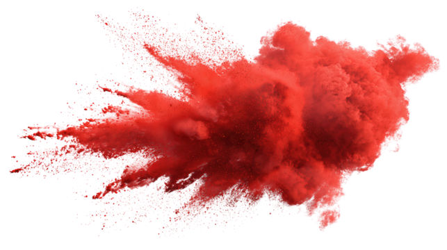 Abstract burst of crimson powder rising diagonally, fine particle texture and flowing irregular plume, isolated on transparent background.
