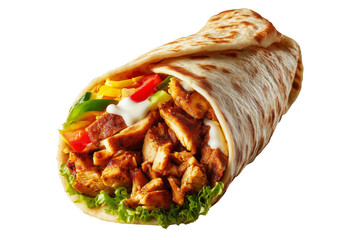 Grilled doner kebab wrap filled with sliced meat, lettuce, tomato, and sauce, captured isolated on white transparent background. Traditional Arabic food