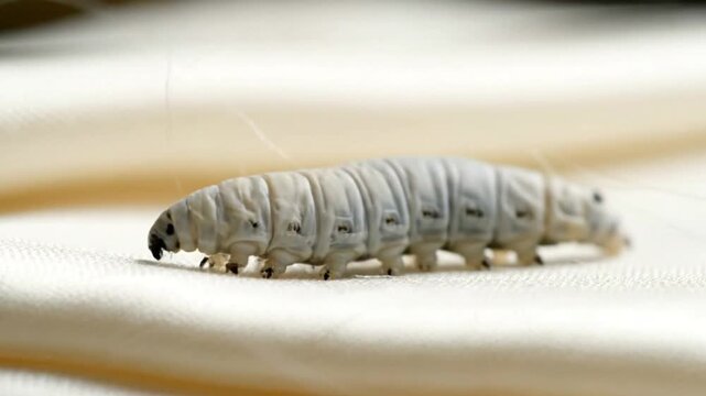 Close-up of a silkworm caterpillar crawling on a silk fabric, showcasing its texture