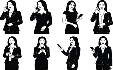 Businesswoman smartphone illustration set, black-and-white, professional poses with mobile device, vector, isolated, communication and tech bundle