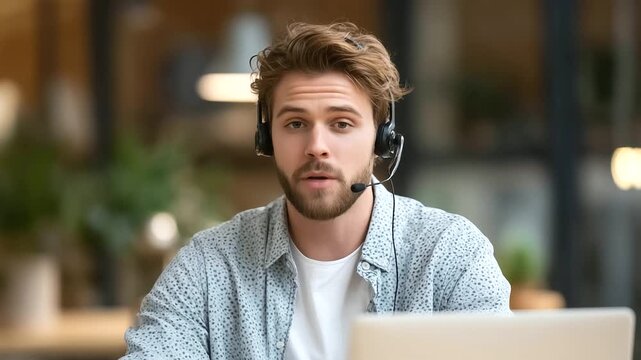 Young entrepreneur with headphones attending online training session, focused on digital learning platform