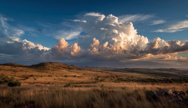 Sunset landscape with dramatic clouds over rolling hills