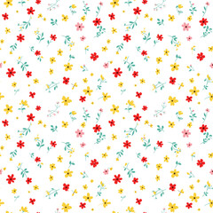 A delicate seamless pattern of small red and yellow flowers scattered on a white background.