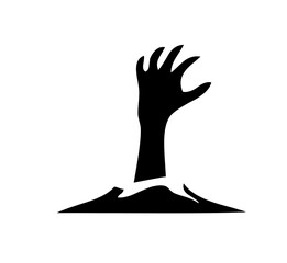 Silhouette of a hand reaching out from the ground in a spooky and mysterious illustration on transparent background