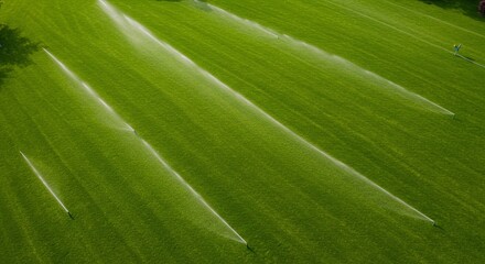 Automated sprinklers watering vibrant green lawn, irrigation system in action