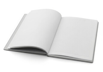 Open blank book with white pages on white background